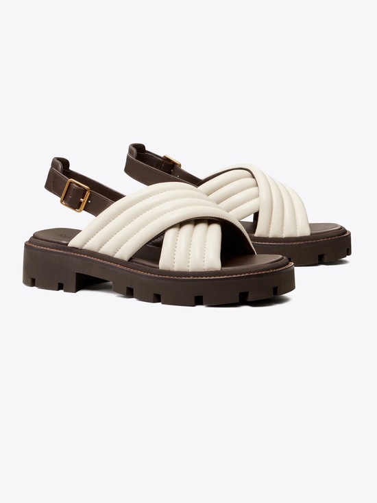 Tory Burch Shoes - Tory Burch Cream Quilted Cross-Strap Sandals with Brown Lug Sole